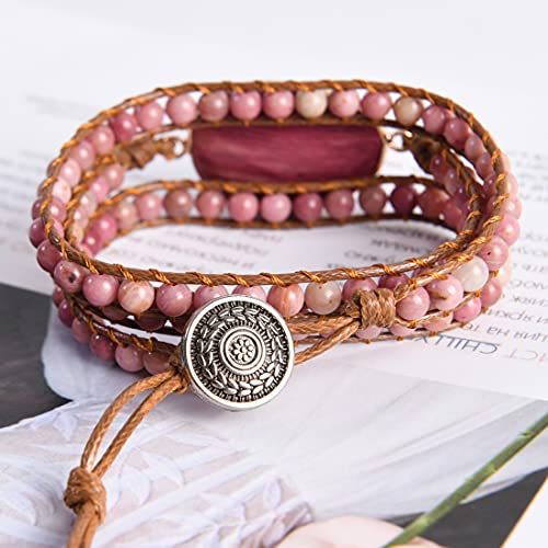 YGLINE Women Boho Handmade Natural Stone Crystal Leather Bead Wrap Bracelets Collection - color: Rhodochrosite-3w