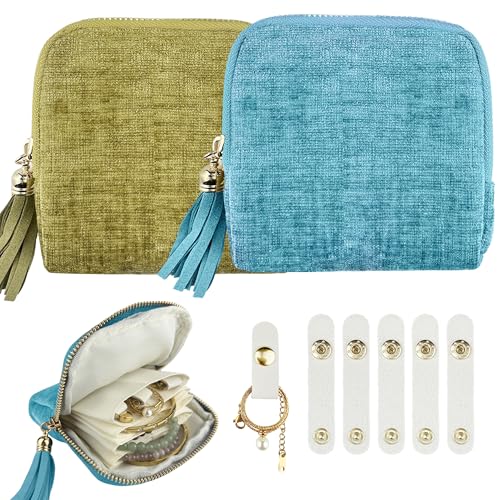 2 Pcs Small Travel Jewelry Case, Portable Soft Jewelry Bags with 6 Compartments Pocket, Organizer Pouch with 6 Anti-Tangle Necklace Organizer for Women Necklace Bracelet Rings Earring Storage - color: Green& Blue