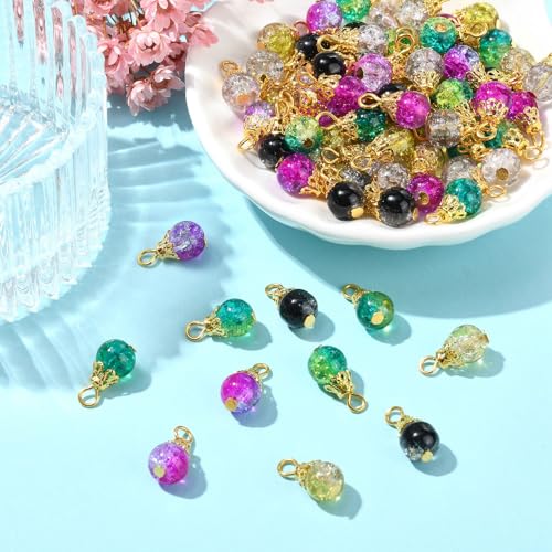 Ipotkitt 100 Pcs Crackle Glass Round Bead Charms Colorful Drop Crystal Bead Charms Mini Dangle Beads for Jewelry Making DIY Necklace Earring Accessory - color: 100pcs-Crackle Glass Charms-15~15.5mm