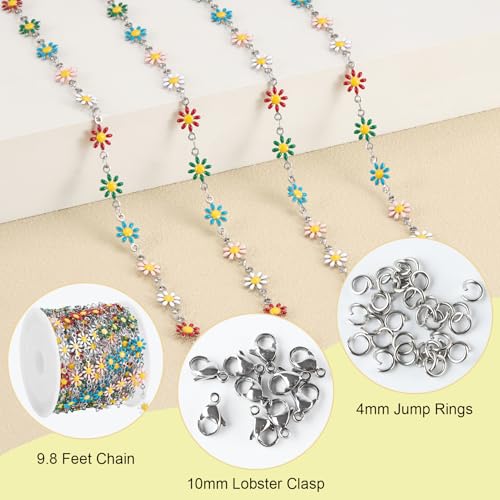 SMYHTGLIF 9.8 Feet Colorful Flower Chain for Jewelry Making Silver Stainless Steel Daisy Chain Bulk DIY Craft Jewelry Making Supplies - color: Colorful Silver