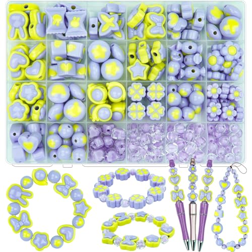Purple Chunky Acrylic Bead, Beads for Pens Focal Beads Bracelet Beads Loose Spacer Bead Heart Star Kandi Bead for DIY Beadable Pens Bracelets Necklaces Earings Keychains Jewelry Making (Purple) - color: Purple