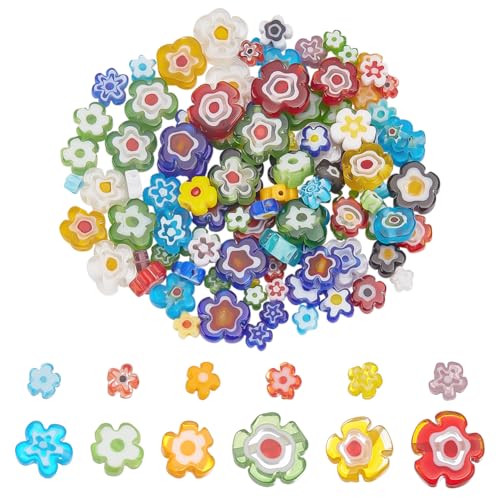 120Pcs 4 Styles Flower Handmade Millefiori Glass Lampwork Beads Small Colorful Flat Floret Loose Beads Assorted Spacer Bead for Bracelet Necklace Jewelry Making DIY Craft Friendship Gift - size: Multi Size
