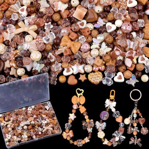 200-260PCS TINKRSTUFF Assorted Acrylic Beads Brown Cute Beads for Bracelet Making,Bow Star Aesthetic Flower Butterfly GummyBear Kawaii Charms for Jewelry Necklace Making DIY Keychain Phone Charm Bulk - color: Brown-150g
