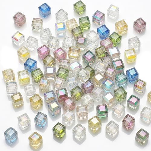 Square Beads, KLFHS 80PCS 6MM Cube Beads, Electroplating Mixed Color Glass Beads for DIY Jewelry Making Bracelet Necklace Earring Phone Strap Keychain Crafts - color: Square