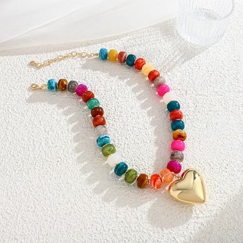 Gold Heart Pendant Necklaces for Women Colorful Acrylic Resin Beaded Choker Necklace Fashion Chunky Statement Beaded Heart Necklace - color: Colorful