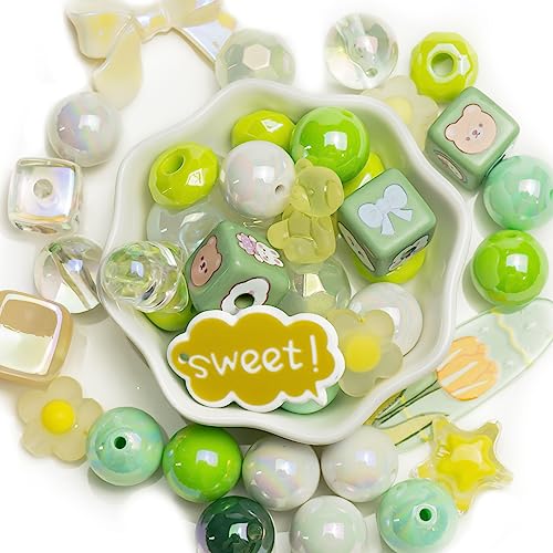 100g Large Assorted Acrylic Beads for Crafts, 20mm Yellow AB Color Butterfly Flower Heart Star Square Round Shape Loose Beads, Acrylic Beads for Keychain Makin Phone Charms DIY Crafts - color: Yellow Green AB