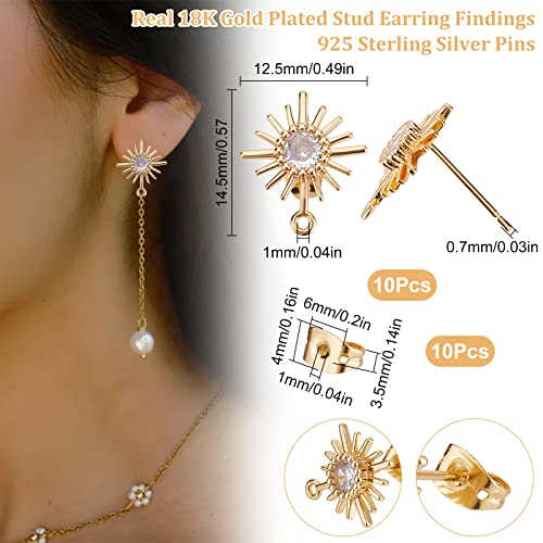 Beebeecraft 10Pcs/Box 18K Gold Plated Sun Earring Findings Cubic Zirconia Earring Posts with Sterling Silver Pins and Butterfly Earring Backs for DIY Jewelry Making - color: Gold