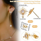 Beebeecraft 10Pcs/Box 18K Gold Plated Sun Earring Findings Cubic Zirconia Earring Posts with Sterling Silver Pins and Butterfly Earring Backs for DIY Jewelry Making - color: Gold
