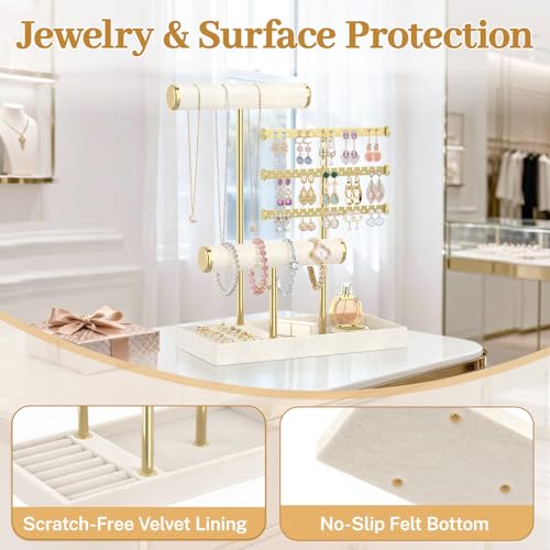 MODOWEY Necklace Holder Earring Stand Organizer, Wooden Velvet Bracelet Tree Rack with Ring Tray for Vendor Women Display Selling, Countertop T Bar Jewelry Tower Keep Everything Visible & Within Reach - color: Beige