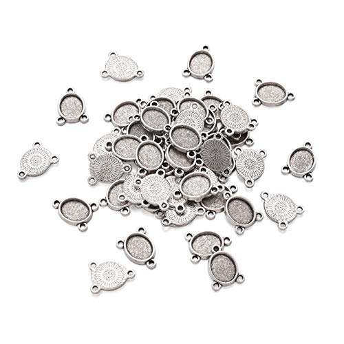 FASHEWELRY 100Pcs Tibetan Style Alloy Oval Bezel Pendant Trays 8x10mm Chandelier Components Links 3 Loops Base Connector Settings for DIY Jewelry Making - color: 8x10mm-100Pcs