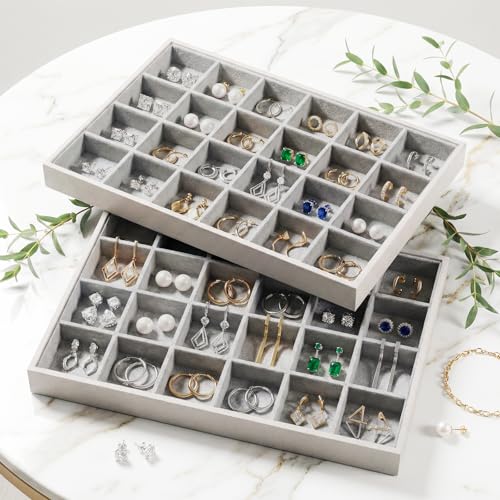 2-Piece Gray leather Stackable Jewelry Organizer Tray Set, Bracelet Ring Earring Holder Box, Necklace Display Stand for Storage and Retail Display (24 Grids) - style: 24 Grids