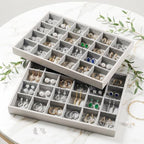 2-Piece Gray leather Stackable Jewelry Organizer Tray Set, Bracelet Ring Earring Holder Box, Necklace Display Stand for Storage and Retail Display (24 Grids) - style: 24 Grids