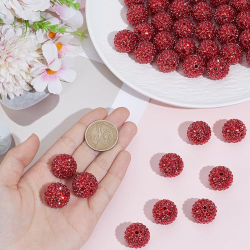 1 Box 50pcs 20mm Red Resin Rhinestone Beads Round Shiny Crystal Rhinestones Sparkle Chunky Disco Bubble Ball Loose Spacer Bead Charm Bulk for Jewelry Making Christmas Decor Diy Craft Supply - color: Red, size: 20mm 50pcs