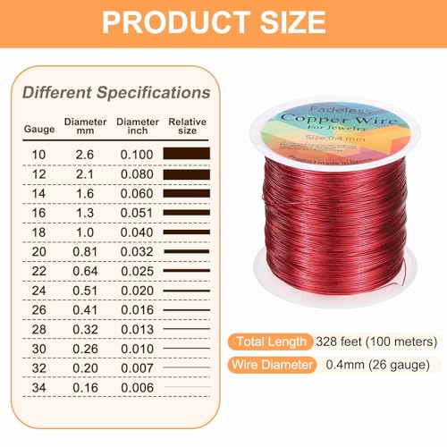 HARFINGTON Wire 328ft Length 26 Gauge Copper Craft Jewelry Wrapping Wire Tarnish Resistant Beading for Jewelry Making Supplies Crafting, Bright Red - color: Bright Red