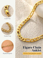 U7 Women Girls Barefoot Jewelry 18K Gold or Rose Gold Stainless Steel Heart/Rope/Figaro/Cuban Chain Anklet Foot Bracelet, 25-30 CM Long - color: Gold Plated-5mm-Figaro Chain