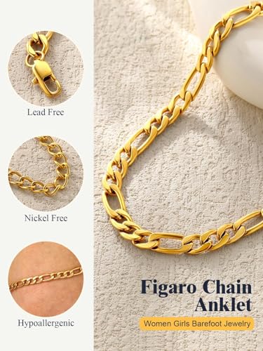 U7 Women Girls Barefoot Jewelry 18K Gold or Rose Gold Stainless Steel Heart/Rope/Figaro/Cuban Chain Anklet Foot Bracelet, 25-30 CM Long - color: Gold Plated-5mm-Figaro Chain