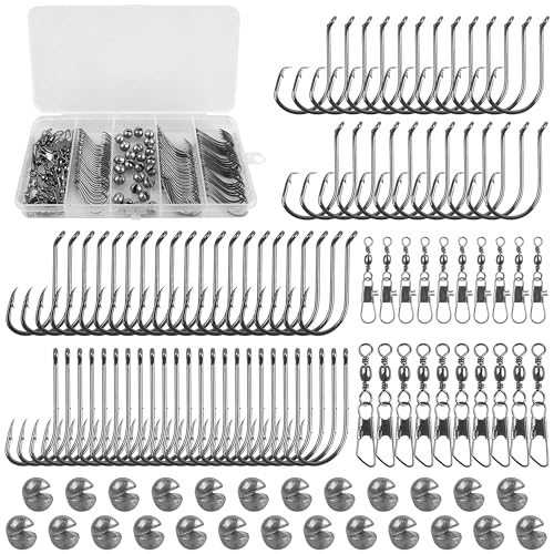 Fishing Hooks Swivel Sinker Set, 120Pcs Fishing Terminal Tackle Assortment Baitholder Octopus Circle Hooks Barrel Swivels Slipt Shot Sinker Weight Beads with Tackle Box