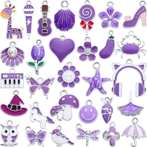 Silver-Tone Enamel Charms Set for DIY Jewelry Making - 30 PCS Colorful Metal Pendants for Bracelets, Necklaces, Keychains - Cute Craft Supplies, Gift for Womens - color: Purple