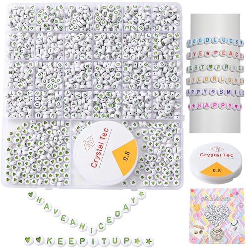 Acrylic Letter Beads 4mm Flat Round, 6mm Square - Beads for Making Friendship Bracelet or Necklace (26 Pieces of Flat Round White with Green) - color: 26 pieces of flat round white with green