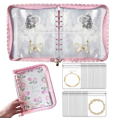 Jewelry Organizer Travel,Jewelry Storage Book with 40 Large PVC pouches,Portable Jewelry Organizer Zipper Bags for Necklaces Bracelet Rings and Earrings (front cover removable),Pink - color: Pink/40 PVC Large Pouches
