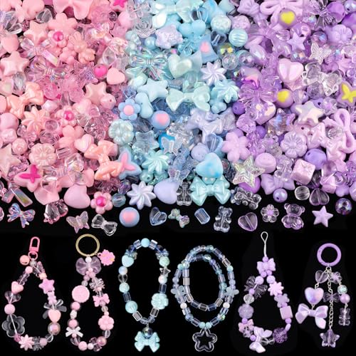 180-240PCS TINKRSTUFF Assorted Acrylic Beads 3 Mixed Colors Cute Beads for Bracelet Making, Bow Aesthetic GummyBear Flower Butterfly Kawaii Charms for Jewelry Making DIY Necklace Keychain Phone Charm - color: 3 Color Series-Pink+Blue+Purple