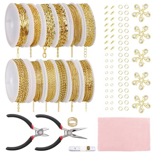 Fesorsi Gold Chain for Jewelry Making, 95ft 12 Style Steel Jewelry Chain, Electroplating Process, for DIY Necklace Chains, Tassel Pendants, with Jump Ring, Lobster Clasp, Pliers - color: Gold, size: 95ft 12Style