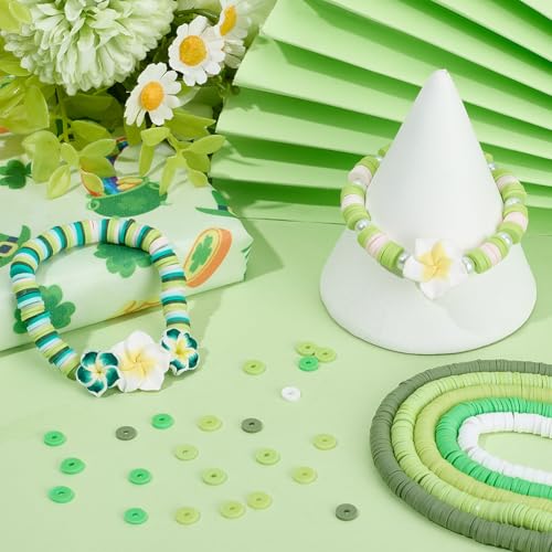 SUNNYCLUE 1 Box 5 Strand 1765~1890Pcs St. Patrick's Day Beads Holiday Polymer Clay Beads Bulk 6mm Flat Parade White Green Clay Bead for Bracelets Beaded Keychain Making Supplies Arts Adults Women - style: Style 3