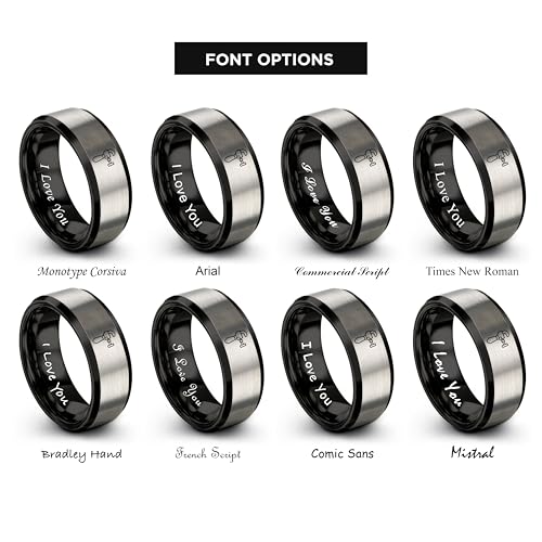 Chain Tool Ring - Gift for Cyclist - 8mm - Band - Gunmetal Black Silver - Personalized Custom Engraving - Men Women - Anniversary Engagement Wedding - Tungsten Carbide - Flat Dome Bevel - color: 15 - Black Grey Tungsten