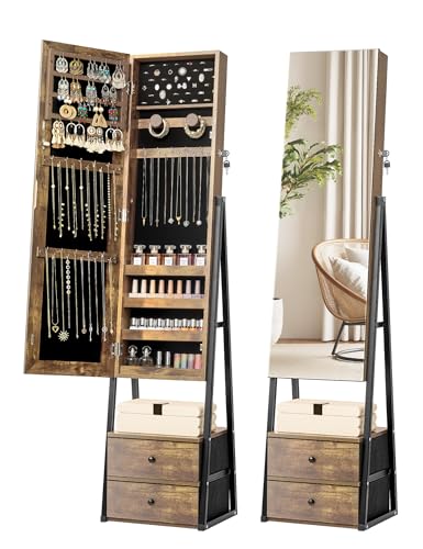 Nicetree Jewelry Cabinet Armoire with 2 Drawers, Lockable Standing Jewelry Mirror Cabinet, Full Length Mirror with Jewelry Storage, Rustic Brown - color: Rustic Brown