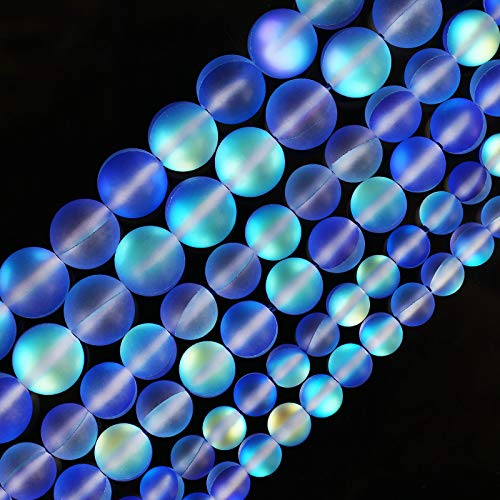 Matte Blue Aurora Crystal Glass Beads, 6MM Frosted Glitter Shining Mermaid Round Loose Beads, Rainbow Holographic Synthetic Moonstone for Jewelry Making DIY Bracelet - color: Blue, size: 6MM