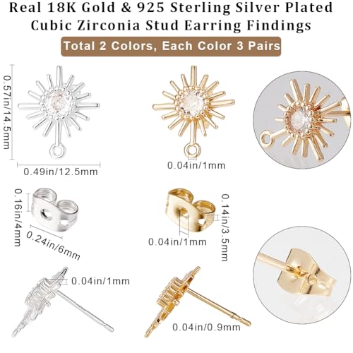 Beebeecraft 12Pcs 2 Colors Cubic Zirconia Stud Earring Findings 18K Gold & 925 Sterling Silver Plated Celestial Sun Earrings Posts with Loop and 12Pcs Ear Nuts for DIY Earrings Jewellery Making - color: Gold & Silver -12pcs