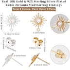 Beebeecraft 12Pcs 2 Colors Cubic Zirconia Stud Earring Findings 18K Gold & 925 Sterling Silver Plated Celestial Sun Earrings Posts with Loop and 12Pcs Ear Nuts for DIY Earrings Jewellery Making - color: Gold & Silver -12pcs