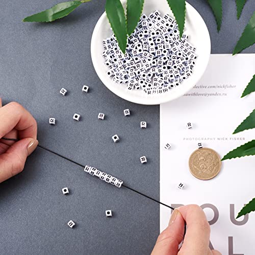KISSITTY 240pcs Opaque Acrylic Letter R Cube Beads Bulk White Plastic Alphabet Loose Spacer Square Beads 4-5mm for DIY Name Bracelet Necklace Jewelry Crafts Making Hole: 1.8mm - color: Letter R#White and Black