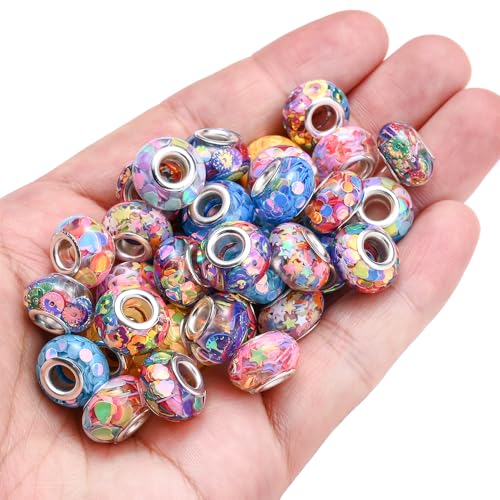 PIPITREE 40PCS Acrylic Beads 9 * 14mm Focal Beads for Pens Acrylic Flat Bulk Sequin Bead AB Mixed Color 6mm Large Hole Bead for Keychains Beadable Pens DIY Crafts Jewelry Making & Gift Giving - color: Sequin