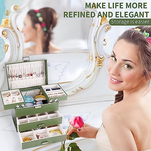 Dajasan Jewelry Organizer Box, Large Jewelry Boxes for Women Girls, Space-Saving 4 Layers Jewelry Storage Case with Drawer, Movable Metal Stand, Modern, Gift Idea (Green) - color: Avocado Green + Silver