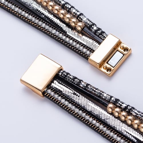 FANCY SHINY Mothers Day Gifts Boho Leather Wrap Bracelet Stackable Infinity Chunky Cuff Bracelets Western Hippie Outfits Jewelry Valentine Gifts for Women - color: Shiny Black