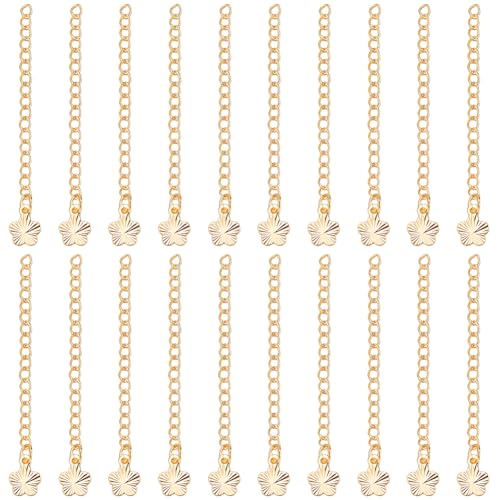 Beebeecraft 1 Box 20Pcs Bracelet Extender Chains Jewelry End Chain Real 18K Gold Plated Brass Craft Flower Charm 5.6cm Cable Chain for Jewelry Making Necklaces Bracelets Supplies DIY Crafts - color: Gold-stripe Flower
