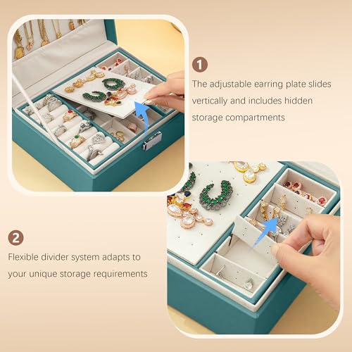 Homeanda Jewelry box 2 layer Jewelry box Leather Jewelry boxes for Women Girls Teens Jewelry organizer box Jewelry Storage box with lock(Green) - color: Green