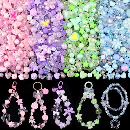 210-270PCS TINKRSTUFF Assorted Acrylic Beads, 4 Colors Series Cute Beads for Bracelet Making, Bow Flower GummyBear Kawaii Charms, Aesthetic Bead for Necklace Keychain Jewelry Making DIY Phone Charm - color: 4 Color Series-Pink+Blue+Purple+Green