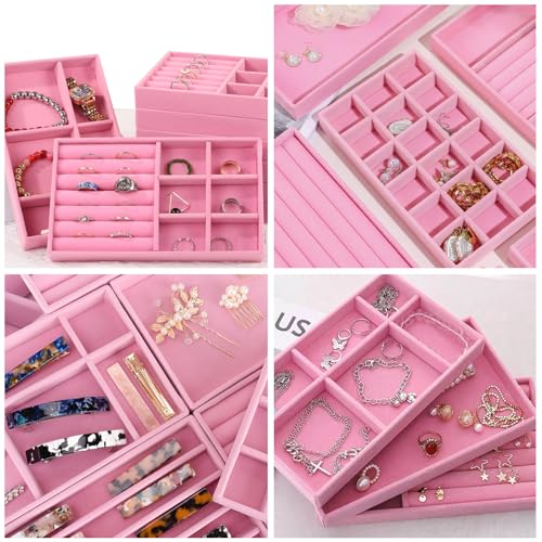 12Pcs Velvet Stackable Jewelry Trays, Jewelry Drawer Organizer, Large Removable Display Jewelry Tray, Necklace Bracelet Storage Box for Earring, Ring, Brooch, Watch (Pink) - color: Pink