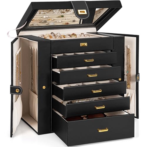 AKOZLIN Huge Jewelry Box Organizer Functional Extra Large Leather Jewelry Storage Case for Women Girls Ring Necklace Earring Bracelet Holder Organizer with Mirror Black - color: Black, size: Extra Large