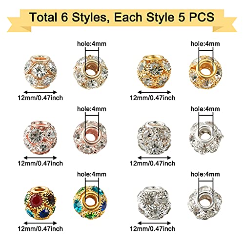 Craftdady 30pcs Crystal Rhinestone Rondelle Spacer Beads 12mm Rhinestone Pave Brass Disco Ball Loose Beads 6 Colors for Jewelry Making, Hole: 4mm - color: 6 Color-12mm