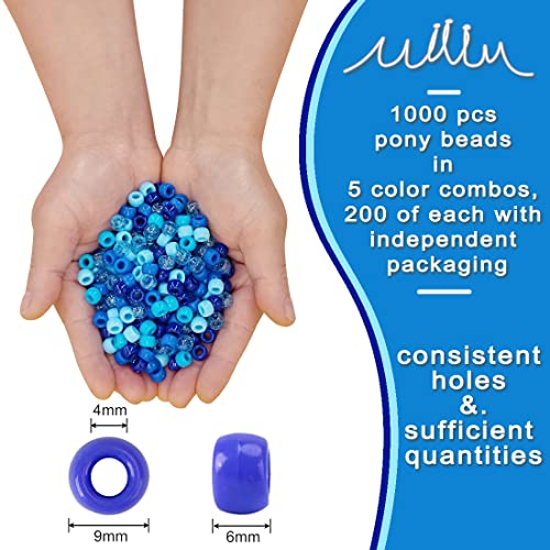 MIIIM 1000PCS 6x9mm Pony Beads Bulk, 5 Styles Blue Pony Beads for Bracelets Making Kit, Kandi, Hair Braids Crafts for Jewelry Making (Blue) - color: Blue