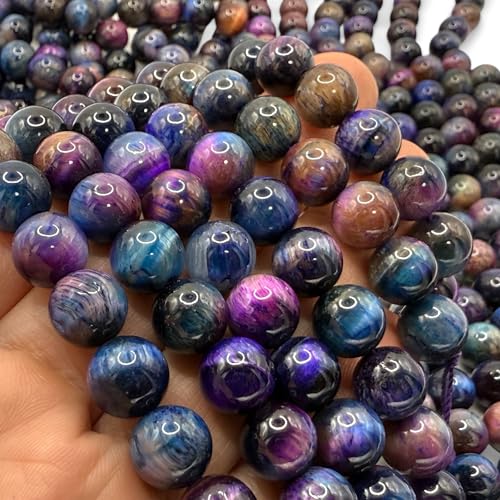 ABCGEMS High-Flash Galaxy Tiger Eye Beads from Africa (Blend of Blue & Purple Hues that Mimic The Beauty of The Galaxy) Smooth Round 10mm - color: Galaxy-Blue Tiger's Eye