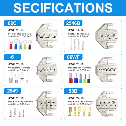 6PCS Crimping Tool Set - Ratchet Wire Crimper Tool for Heat Shrink,Insulated Nylon,Non-Insulated,Open Barrel Terminals,Ferrule Wire End,Solar Connectors - color: Wire Crimper Set