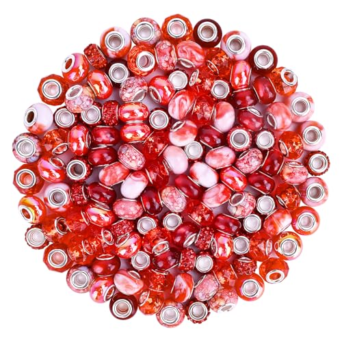 120pcs European Large Hole Beads, Assortments Charm Lampwork Murano Spacer Craft Beads for DIY Charms Bracelet Necklace Earring Jewelry Making Supplies(Red) - color: Red