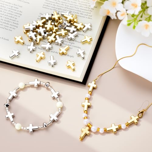 60 Pcs Cross Charms for Jewelry Making, Religious Cross Beads for Bracelets, Crosses for Jewelry Making, Bracelets, Necklaces, DIY Crafts (Gold, Silver) - color: 60pcs, 16x12mm, Gold,Silver