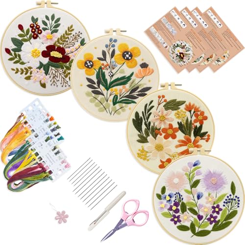 Bonroy 4 Sets Embroidery Set for Beginners Art Crafts Easy Sewing Includes Embroidery Clothes with Pattern, Hoop, Instruction Manual, Color Stitch Set (Assorted 1) - color: luxuriant flowers