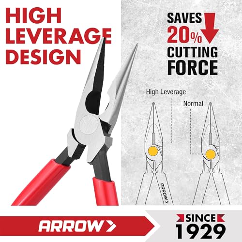 ARROW 6" High Leverage Needle Nose Pliers with Side Cutters, Long Nose Pliers for Gripping, Wire Bending, Cutting - size: 6 INCH