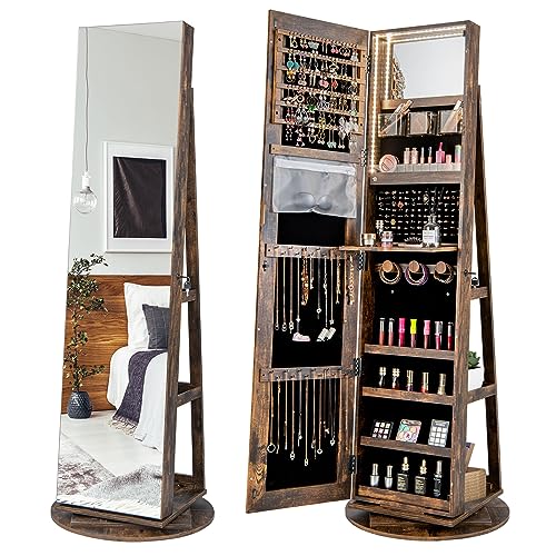 COSTWAY 360° Rotating Mirror Jewelry Armoire, Freestanding Jewelry Organizer w/ 3-Color Lights, Full-length Mirror w/Jewelry Storage, Lockable Jewelry Cabinet for Bedroom (Rustic Brown) - color: Rustic Brown